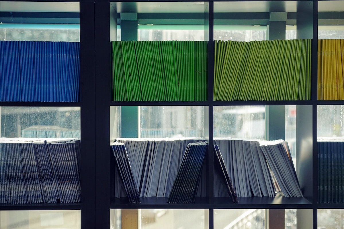 Books on a shelf in a library